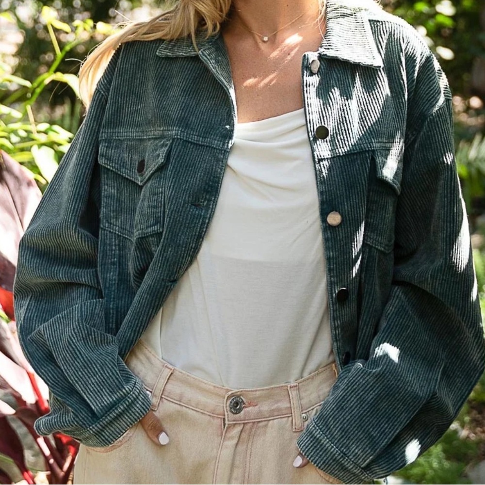POL Distressed Green Corduroy Jacket